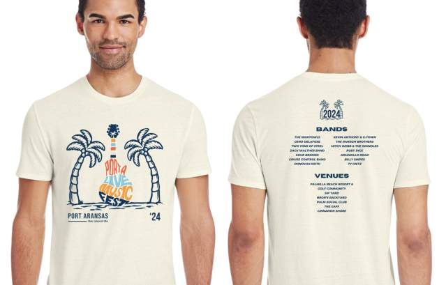 Mock up of a tan T-shirt on a man with a live music fest guitar logo surrounded by palm trees on the front and a list of bands and venues on the back.