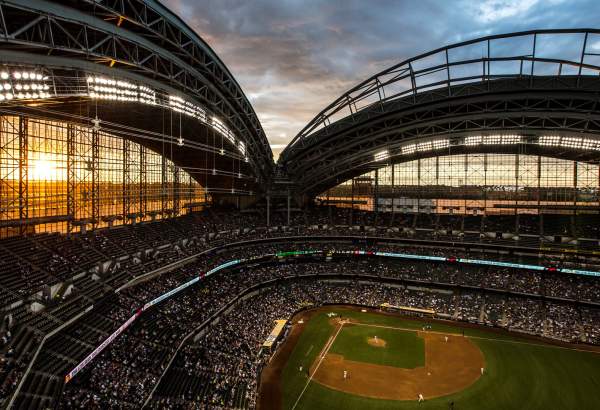 American Family Field with roof open, sunset