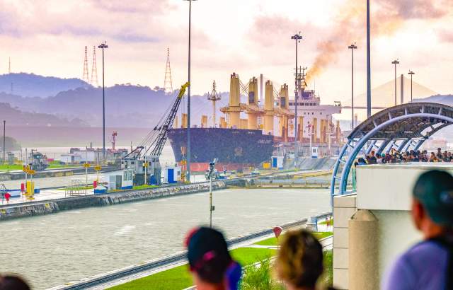 Visitors at the Miraflores Locks on the Panama Canal, Panama City, Panama Canal, Panama