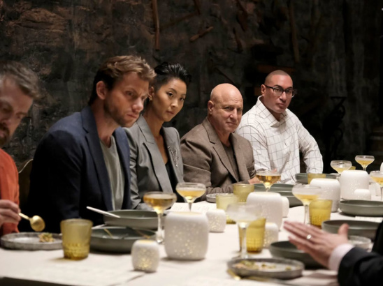 Luke Zahm, Charlie Berens, Kristen Kish, Tom Colicchio and Omar Shaikh in Episode 2 of "Top Chef" at the judges table.