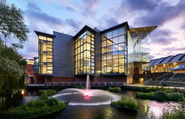 Exterior of Bridgewater Hall with fountain in the foreground
