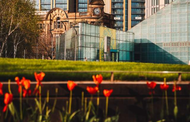 High rise buildings in Manchester with a park and flowers in the foreground