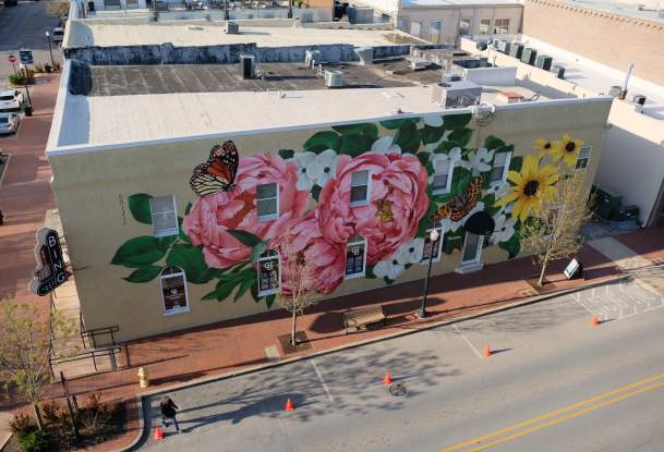 Louise “Ouizi” Jones, Summer Always Blooms, 2021, Acrylic paint. Located at W Central Ave and N Main Street. Collection of Oz Art NWA