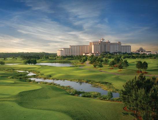 View of golf course and hotel exterior of Rosen Shingle Creek