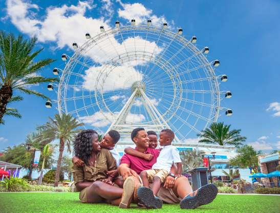 ICON Park family sitting on lawn in front of The Wheel