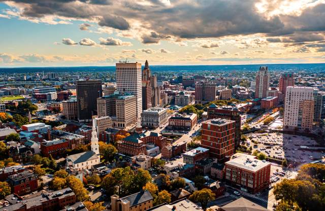 Drone photo of the Providence skyline