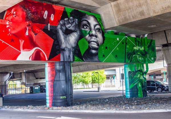 Boston mural featuring Nina Simone with raised fist