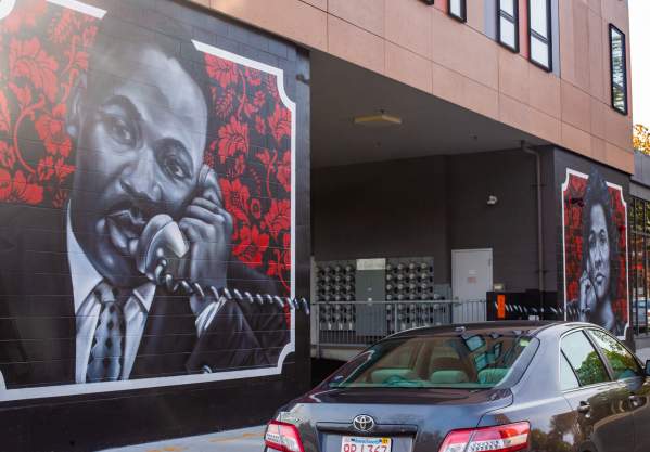 Mural in Roxbury Depicting MLK Speaking on a Phone