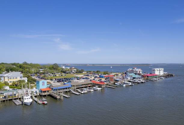 aerial view of a town with restaurants and boat slips