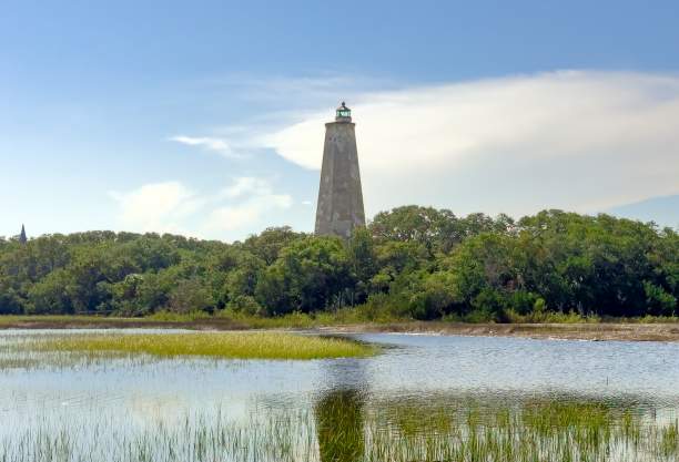 a view of Old Baldy Lighthouse on Bald Head Island over the marsh