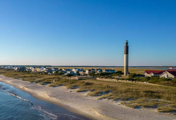 an aerial view of the OKI Lighthouse and Caswell Beach, NC