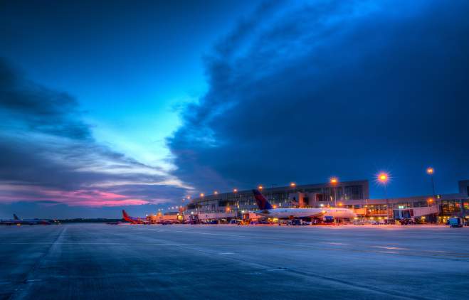 Austin Bergstrom International Airport airside terminal at twilight in Austin Texas