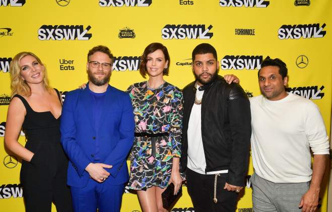 L to R June Diane Raphael and Seth Rogen and Charlize Theron and O Shea Jackson Jr and Ravi Patel Long Shot Red Carpet Premiere at SXSW Film 2019