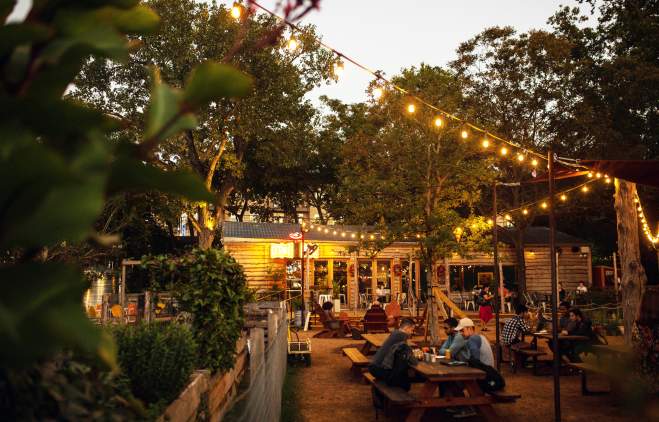 string lights on the patio at Cosmic Coffee and Beer Garden in austin texas