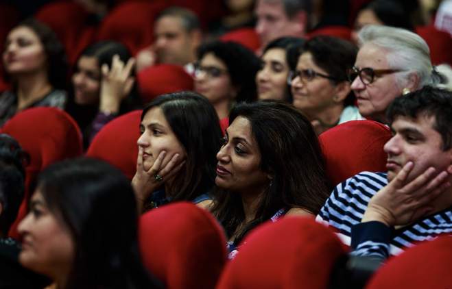 Viewers watch film panel at Indie Meme Film Festival in Austin Texas