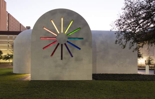 Ellsworth Kelly building at the Blanton Museum of art West façade with colored glass windows