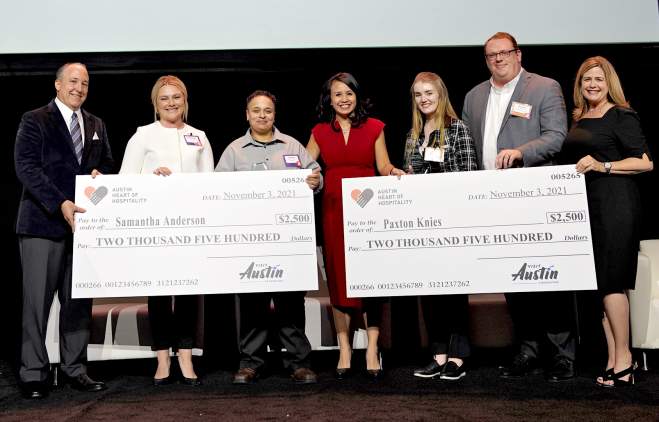 2021 Heart of Hospitality award group photo with recipients, supervisors and Visit Austin Foundation representatives