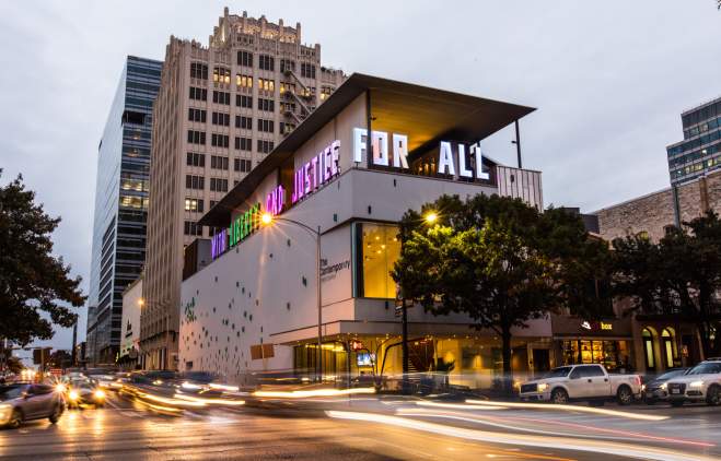 The Contemporary Austin Jones Center With Liberty And Justice For All exterior display
