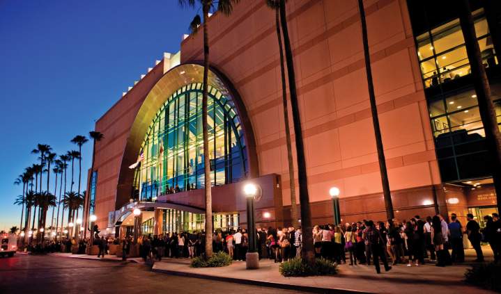 Crowds gathering outside Honda Center for a concert or live entertainment event in Anaheim, CA.