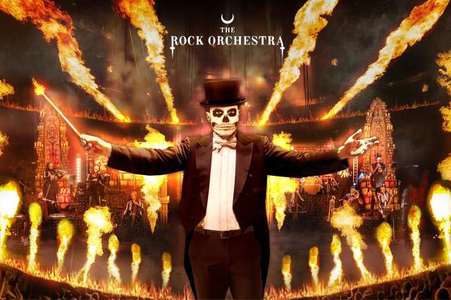 The Rock Orchestra | Arena on Fire image depicting a skeleton in a tuxedo conducting an orchestral performance while surrounded by fire