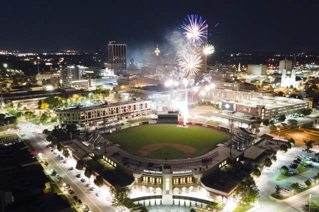 Fireworks over downtown Fort Wayne after a TinCaps game at Parkview Field.