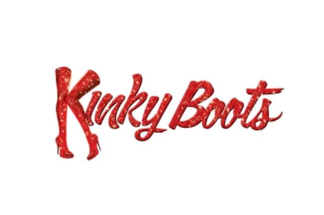 "Kinky Boots" in red glittery lettering on white background.