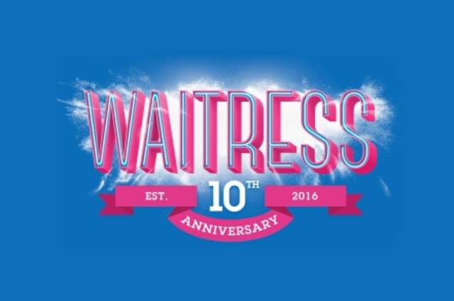 "Waitress" in pink and white on blue background