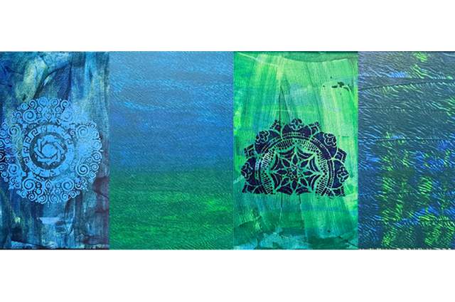 Four pieces of blue and green abstract EP!Casso Artwork by Catreesa Page, Ronald Howard, Breanna Anderson, & Kimberly Rosa