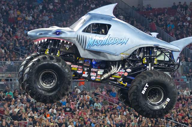 Megalodon from Monster Jam soaring over a crowd
