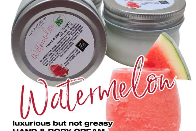 Two silver containers with white labels on the top sit behind a watermelon frozen drink. Text reads "Watermelon luxurious but not greasy HAND & BODY CREAM"