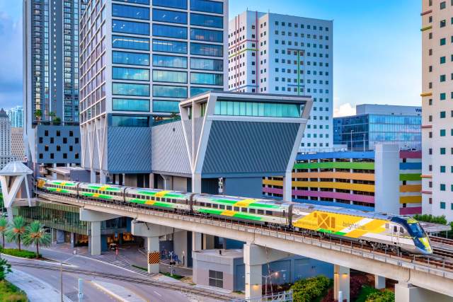 Brightline train in city
