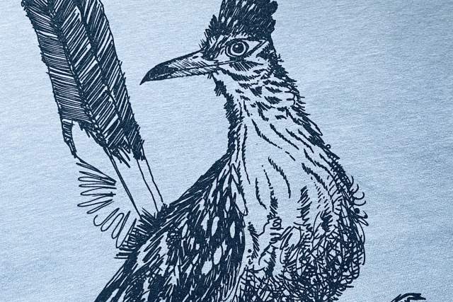 Illustration of a whimsical roadrunner standing on one leg, holding a large feather with the other foot, and featuring intricate detailing on its body. The image is hand-drawn and signed by the artist.