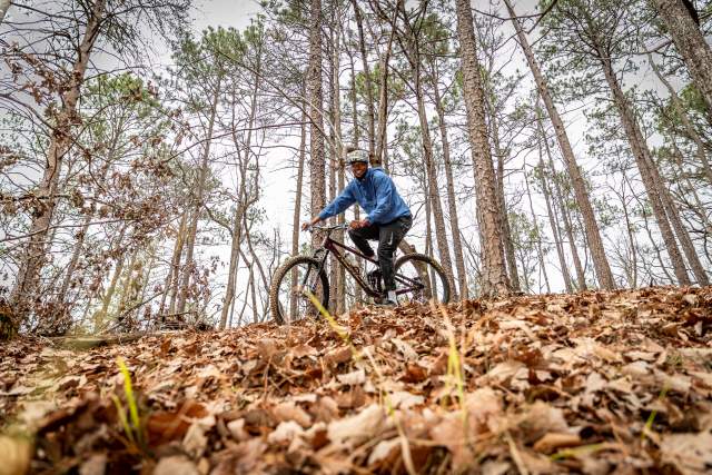 A mountain biker rides on a trail full of crunchy brown leaves.