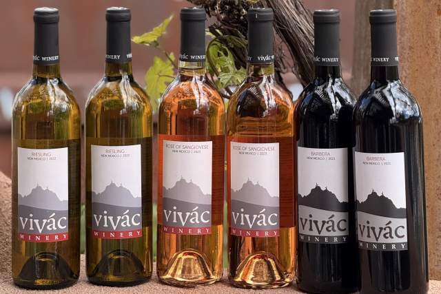 A selection of Vivác Winery bottles arranged in a row in front of a vine and a rustic wall with the winery's name. The bottles include different types of wine, such as white, rosé, and red.