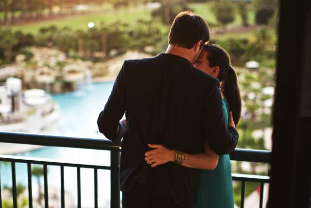 Orlando World Center Marriott couple on a hotel room balcony