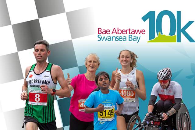 A range people running and a wheelchair racer with the Swansea Bay 10k logo.