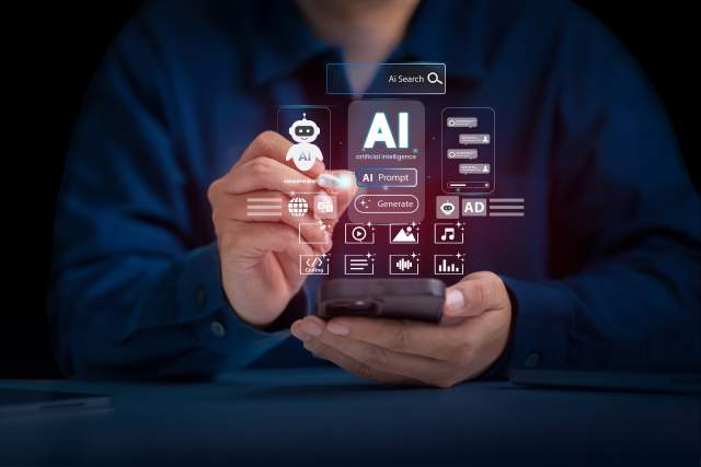 AI and other SEO icons overlay an image of a person holding out their hands.