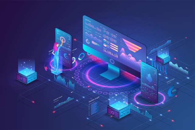 A graphic depicting different tech screens with data on them.