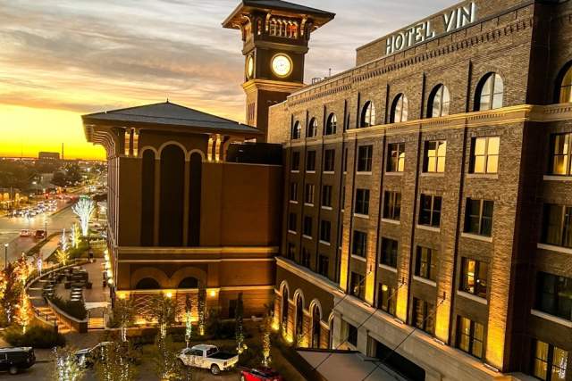 exterior shot of hotel vin at sunrise in grapevine, texas