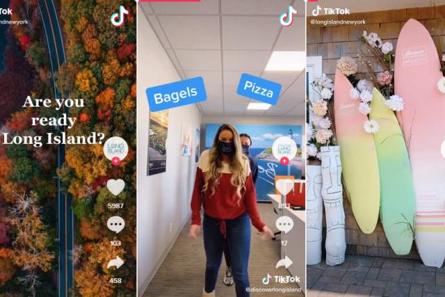 Long Island TikTok images- image 1 "Are you ready Long Island" over fall trees, image 2 women dancing with Bagels and Pizza above head, image 3 pastel  surfboards next to two white tiki statues, image 4 people recording a podcast with a woman dancing entitled "Me on my way to interrupt the podcast recording"