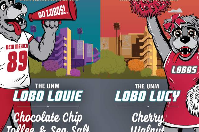 Promotional image for SnuggleCookies featuring two cookie packs with cartoon mascots Lobo Lonnie and Lobo Lucy, representing the University of New Mexico. Lonnie's pack features chocolate and sea salt flavors and Lucy's pack is cherry walnut flavor. Both packs are set against vibrant backgrounds highlighting New Mexico elements.”