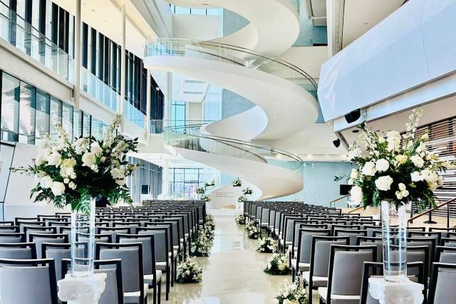 Lobby of Buddy Holly Hall set up as a wedding venue