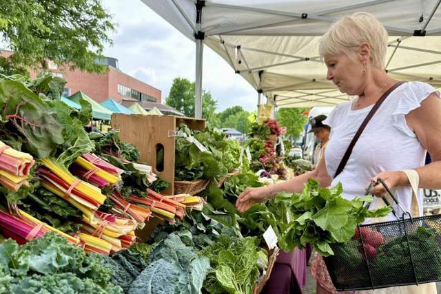 A woman in a vendor tent shopping from a pile of fresh produce at a farmers market