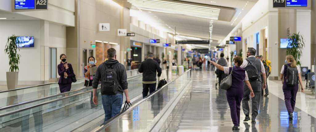 Travelers at the Salt Lake City International Airport