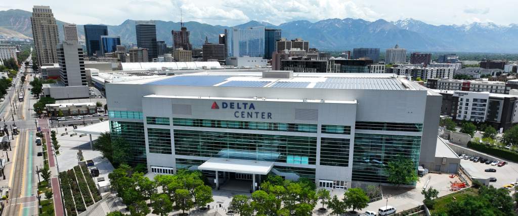 West entry of the Delta Center showing a skyline view in downtown Salt Lake City