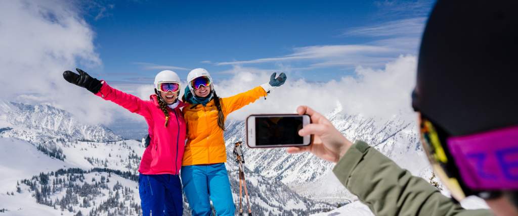 Friends at Snowbird taking a ski photo