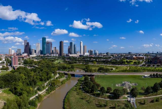 Aerial view of Police Memorial in Downtown Houston on a sunny day