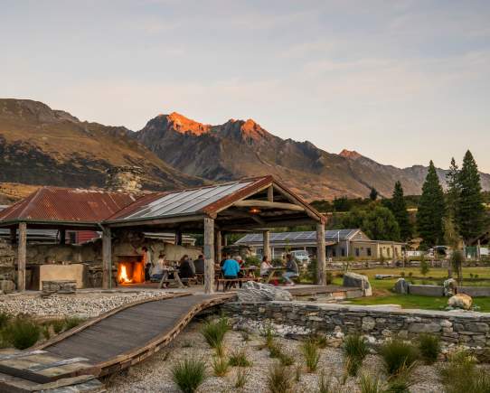 The Headwaters Eco Lodge outside shot at sunset