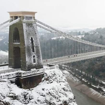 A view of the Clifton Suspension Bridge in West Bristol covered in snow, looking towards the Abbots Leigh area - credit Angharad Paull