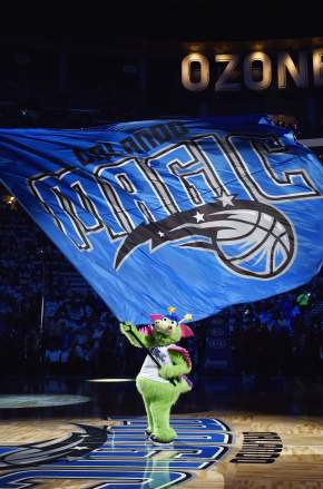 Stuff, the Orlando Magic mascot, performs before the game against the Miami Heat on October 26, 2016 at Amway Center